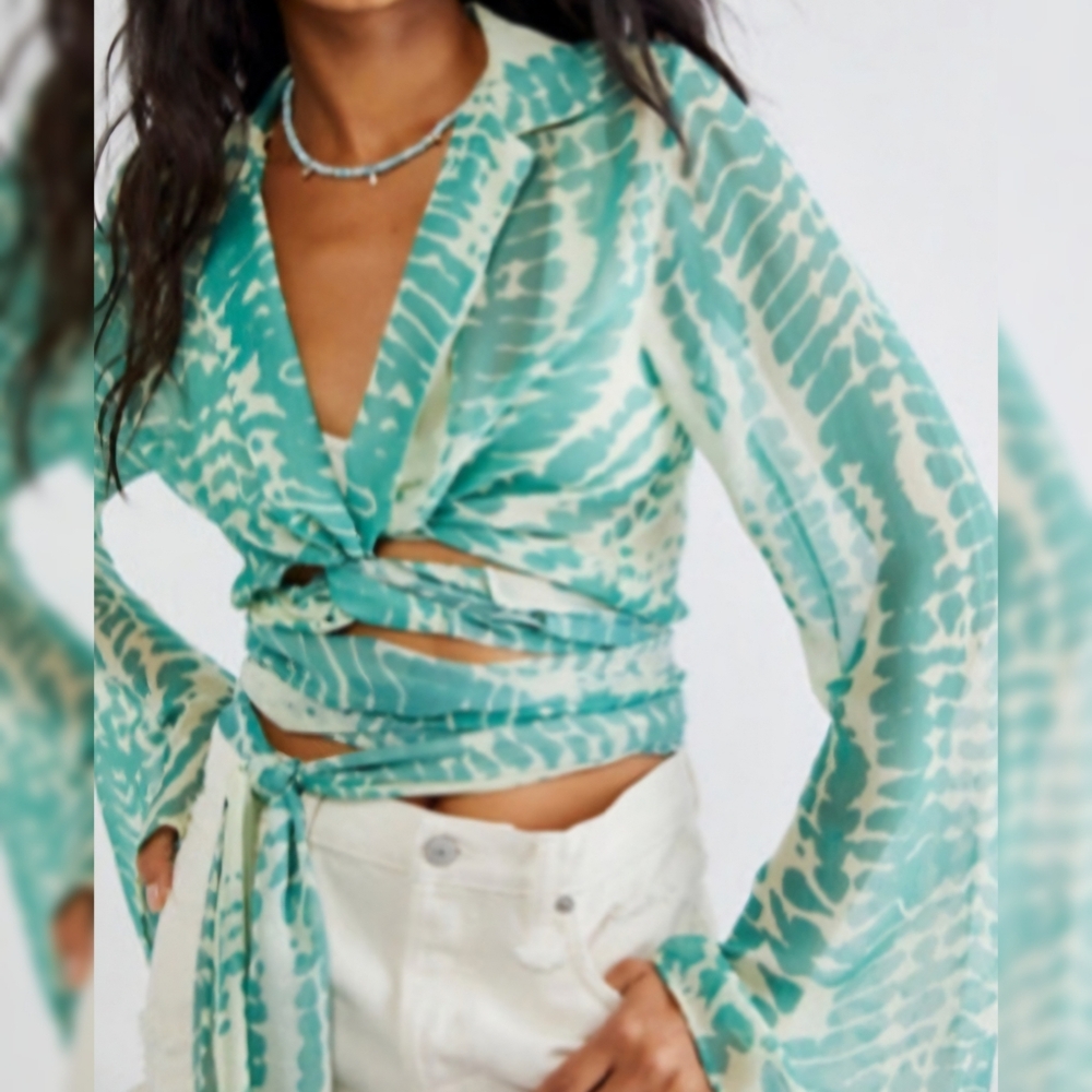Free People Emmie Wrap‎ Blouse Green And White Tie Dye Women's Size XL